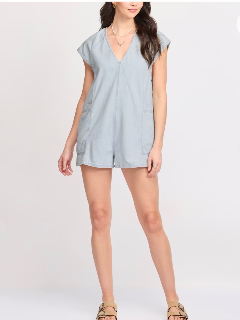 FREE PEOPLE Light Blue V-Neck Short Sleeve Romper